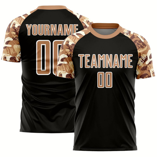 Goofygearprints Black Old Gold White Camouflage Sublimation Soccer Uniform Jersey, Custom Team Soccer Jersey Shirt