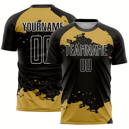Goofygearprints Black Old Gold White Abstract Fragment Art Sublimation Soccer Uniform Jersey, Custom Team Soccer Jersey Shirt