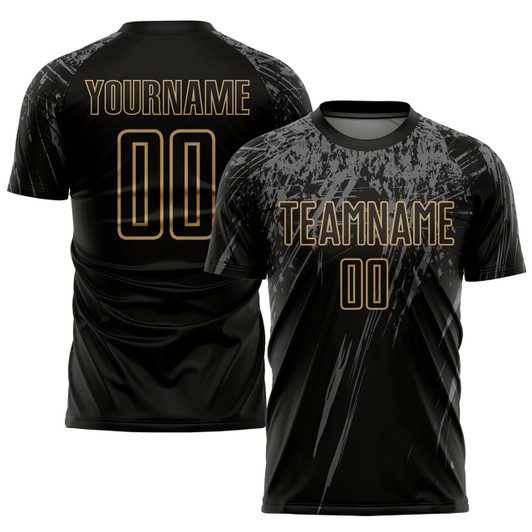 Goofygearprints Black Old Gold Gray Sublimation Soccer Uniform Jersey, Custom Team Soccer Jersey Shirt