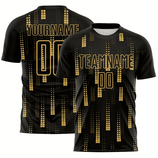 Goofygearprints Black Old Gold Geometric Shapes Sublimation Soccer Uniform Jersey, Custom Team Soccer Jersey Shirt