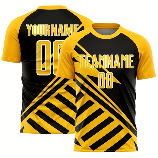 Goofygearprints Black Gold White Lines Sublimation Soccer Uniform Jersey, Custom Team Soccer Jersey Shirt