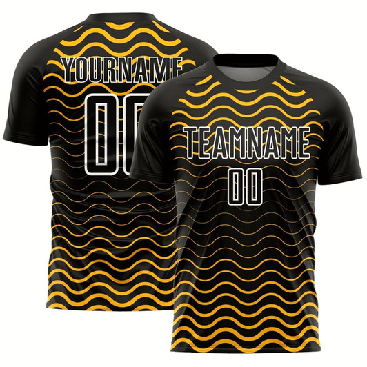Goofygearprints Black Gold White Geometric Lines Sublimation Soccer Uniform Jersey, Custom Team Soccer Jersey Shirt