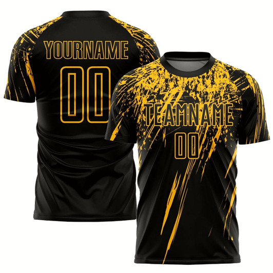 Goofygearprints Black Gold Sublimation Soccer Uniform Jersey, Custom Team Soccer Jersey Shirt