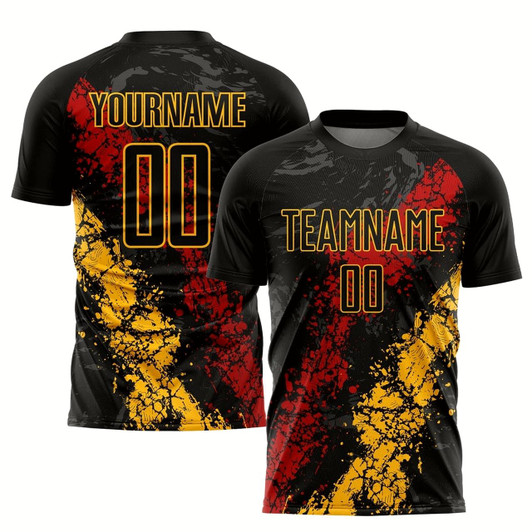 Goofygearprints Black Gold Red Sublimation Soccer Uniform Jersey, Custom Team Soccer Jersey Shirt