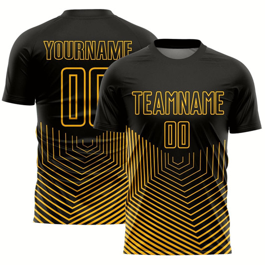 Goofygearprints Black Gold Geometric Lines Sublimation Soccer Uniform Jersey, Custom Team Soccer Jersey Shirt