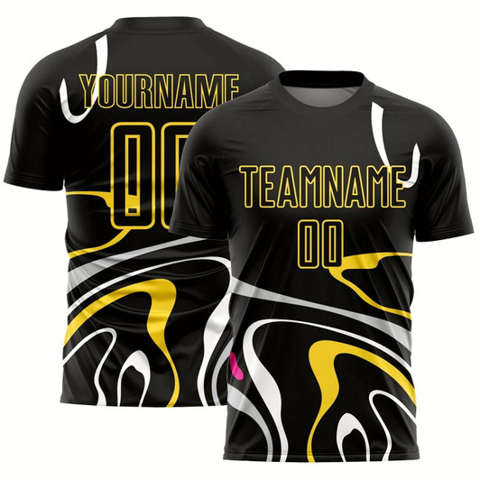 Goofygearprints Black Gold Fluid Shapes Sublimation Soccer Uniform Jersey, Custom Team Soccer Jersey Shirt