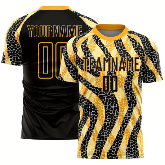 Goofygearprints Black Gold Animal Print Sublimation Soccer Uniform Jersey, Custom Team Soccer Jersey Shirt