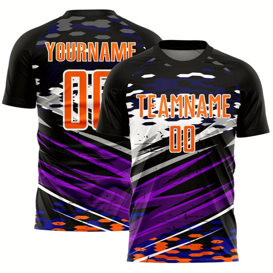 Goofygearprints Black Bay Orange White Lines Sublimation Soccer Uniform Jersey, Custom Team Soccer Jersey Shirt