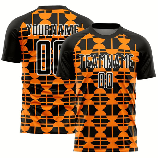 Goofygearprints Black Bay Orange White Geometric Shapes Sublimation Soccer Uniform Jersey, Custom Team Soccer Jersey Shirt