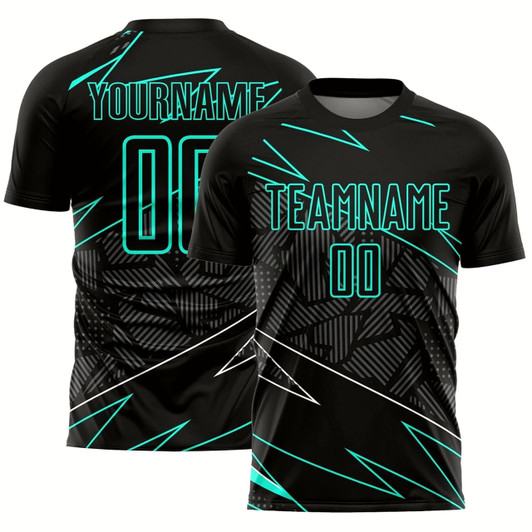 Goofygearprints Black Aqua Lines Sublimation Soccer Uniform Jersey, Custom Team Soccer Jersey Shirt