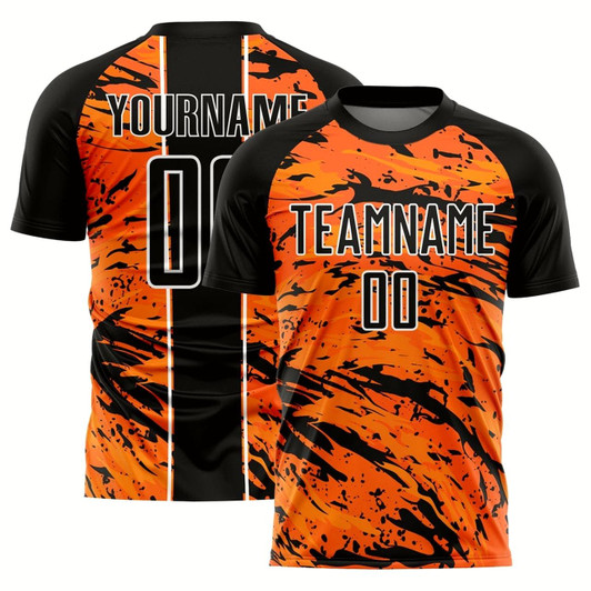 Goofygearprints Bay Orange Black White Abstract Fluid Sublimation Soccer Uniform Jersey, Custom Team Soccer Jersey Shirt