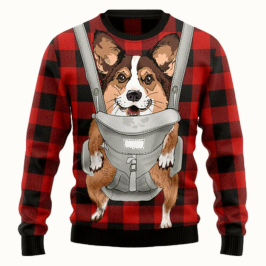 Goofygearprints Front Carrier Dog Pembroke Welsh Corgi Ugly Sweater - Christmas sweater gift