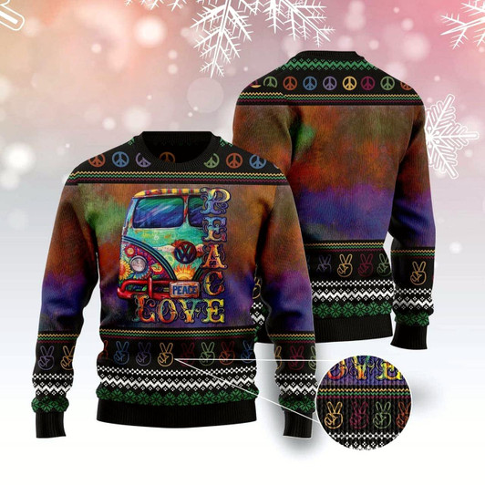 Goofygearprints Hippie Peace Love Ugly Christmas Sweater, Funny Xmas Sweater, Sweater Xmas