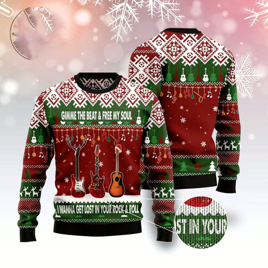 Goofygearprints Guitar Gimme The Beat Ugly Christmas Sweater, Funny Xmas Sweater, Sweater Xmas