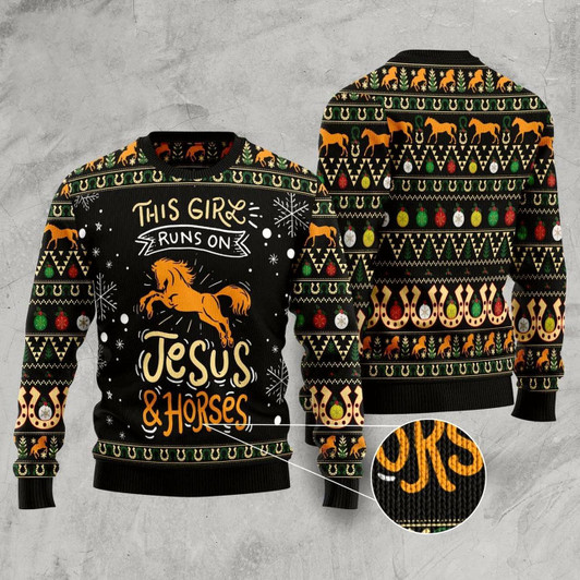 Goofygearprints Girls Run On Jesus And Horses Ugly Christmas Sweater, Funny Xmas Sweater, Sweater Xmas