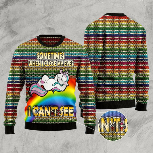 Goofygearprints Funny Unicorn Sometimes When I Close My Eyes Ugly Christmas Sweater, Funny Xmas Sweater, Sweater Xmas