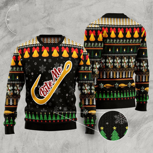 Goofygearprints Fishing Bite Me Ugly Christmas Sweater, Funny Xmas Sweater, Sweater Xmas