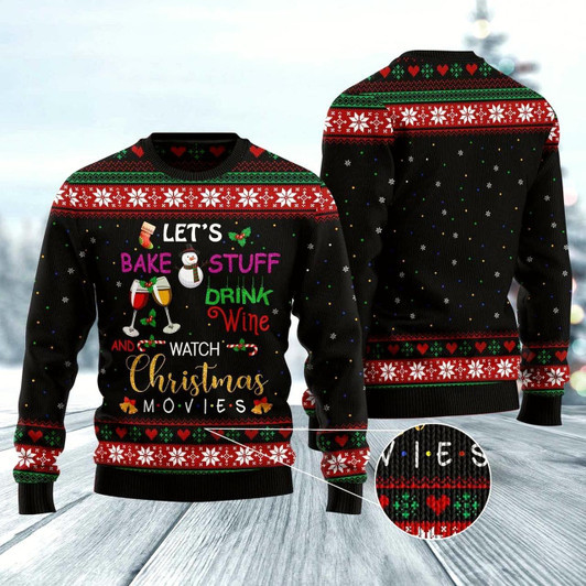 Goofygearprints Drink Wine And Watch Christmas Movies Ugly Christmas Sweater, Funny Xmas Sweater, Sweater Xmas