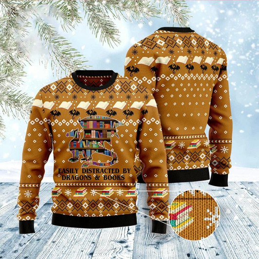 Goofygearprints Dragon And Book Ugly Christmas Sweater, Funny Xmas Sweater, Sweater Xmas