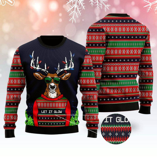 Goofygearprints Deer Let It Glow Ugly Christmas Sweater, Funny Xmas Sweater, Sweater Xmas