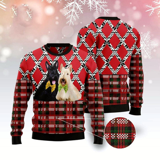 Goofygearprints Couple Scottish Terrier Black And White Ugly Christmas Sweater, Funny Xmas Sweater, Sweater Xmas