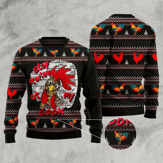 Goofygearprints Chicken Stop Staring At My Cock Ugly Christmas Sweater, Funny Xmas Sweater, Sweater Xmas