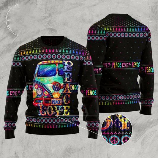 Goofygearprints Car Hippie Peace Love Ugly Christmas Sweater, Funny Xmas Sweater, Sweater Xmas