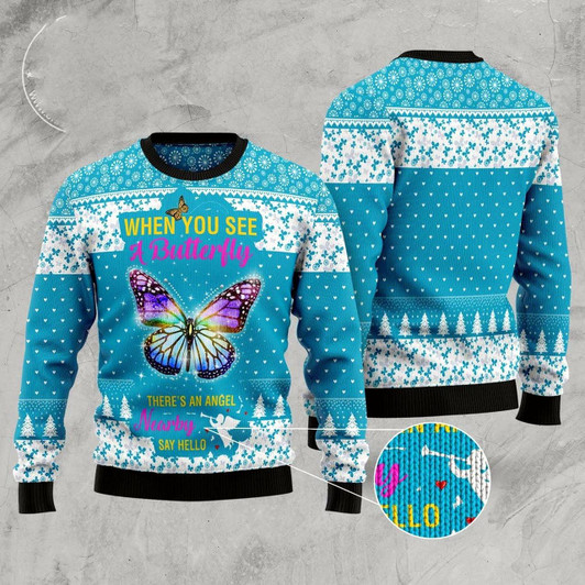 Goofygearprints Butterfly Nearby Say Hello Ugly Christmas Sweater, Funny Xmas Sweater, Sweater Xmas