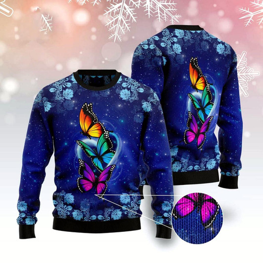 Goofygearprints Butterfly Galaxy Ugly Christmas Sweater, Funny Xmas Sweater, Sweater Xmas