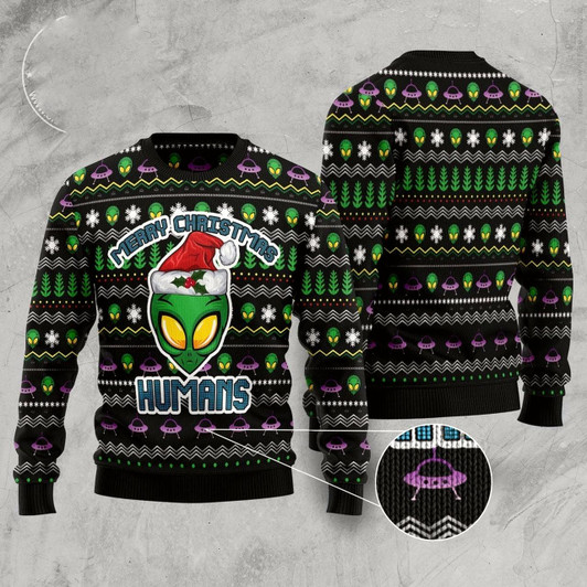 Goofygearprints Alien Merry Christmas Humans Ugly Christmas Sweater, Funny Xmas Sweater, Sweater Xmas