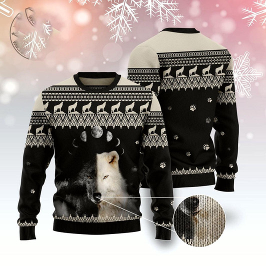Goofygearprints Wolf Day And Night Ugly Christmas Sweater, Funny Xmas Sweater, Sweater Xmas