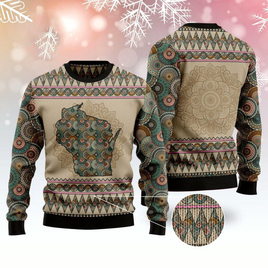 Goofygearprints Wisconsin Mandala Cute Ugly Christmas Sweater, Funny Xmas Sweater, Sweater Xmas