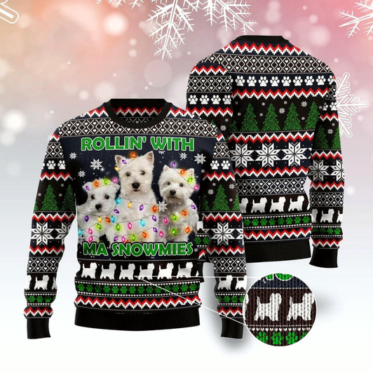 Goofygearprints West Highland White Snowmies Ugly Christmas Sweater, Funny Xmas Sweater, Sweater Xmas