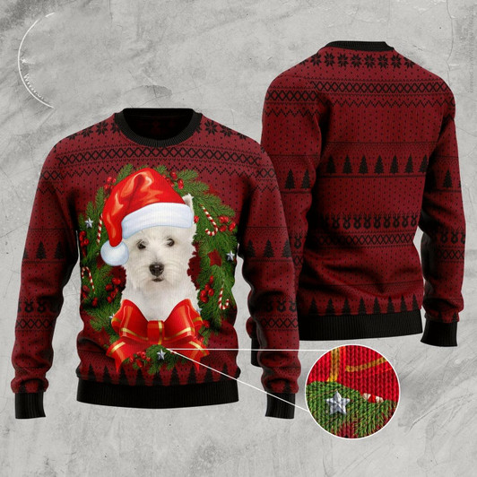 Goofygearprints Welsh Highland Terrier Wreath Ugly Christmas Sweater, Funny Xmas Sweater, Sweater Xmas