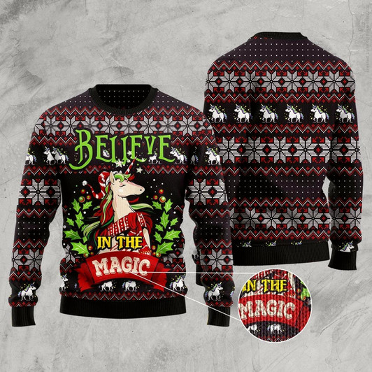 Goofygearprints Unicorn Believe In The Magic Ugly Christmas Sweater, Funny Xmas Sweater, Sweater Xmas