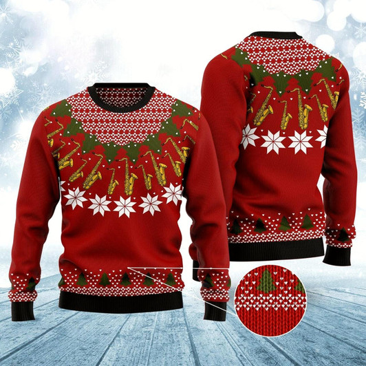 Goofygearprints Saxophone Pattern Ugly Christmas Sweater, Funny Xmas Sweater, Sweater Xmas