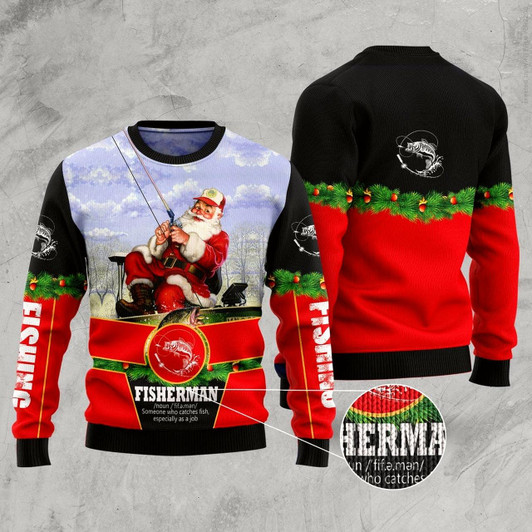 Goofygearprints Santa Fisherman Ugly Christmas Sweater, Funny Xmas Sweater, Sweater Xmas