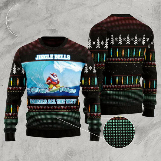 Goofygearprints Santa Claus Surfing Ugly Christmas Sweater, Funny Xmas Sweater, Sweater Xmas