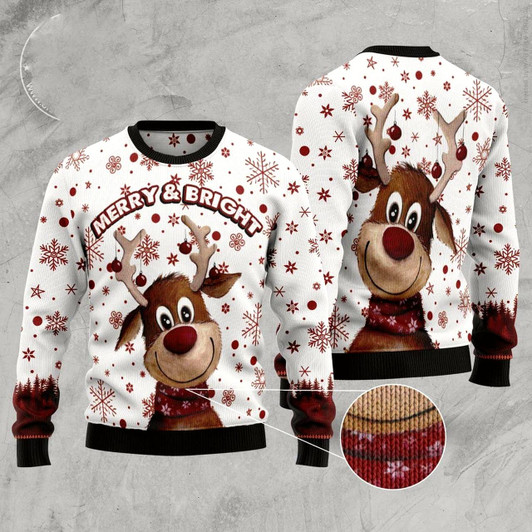 Goofygearprints Reindeer Merry & Bright Ugly Christmas Sweater, Funny Xmas Sweater, Sweater Xmas