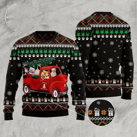 Goofygearprints Pomeranian And Red Truck Ugly Christmas Sweater, Funny Xmas Sweater, Sweater Xmas