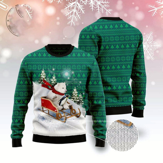 Goofygearprints Polar Bear Sleigh Ugly Christmas Sweater, Funny Xmas Sweater, Sweater Xmas