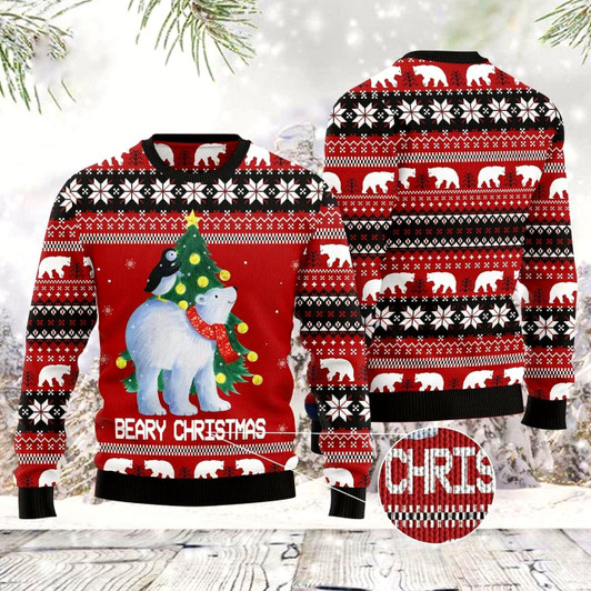 Goofygearprints Polar Bear Beary Xmas Ugly Christmas Sweater, Funny Xmas Sweater, Sweater Xmas