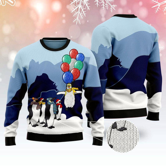 Goofygearprints Penguin Christmas Balloon Ugly Christmas Sweater, Funny Xmas Sweater, Sweater Xmas