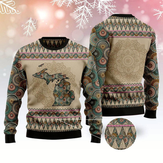 Goofygearprints Michigan Mandala Ugly Christmas Sweater, Funny Xmas Sweater, Sweater Xmas