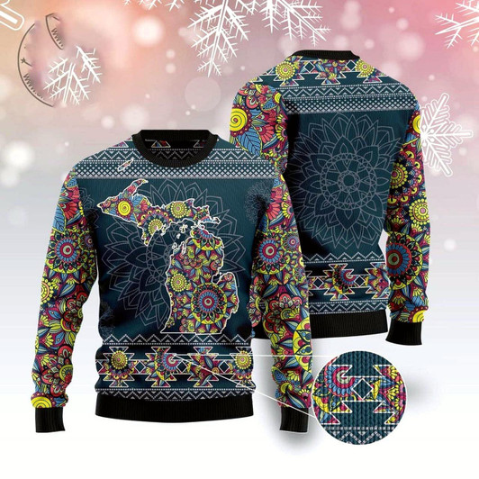 Goofygearprints Michigan Blue Mandala Ugly Christmas Sweater, Funny Xmas Sweater, Sweater Xmas