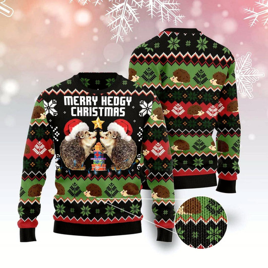 Goofygearprints Merry Hedgy Christmas Ugly Christmas Sweater, Funny Xmas Sweater, Sweater Xmas