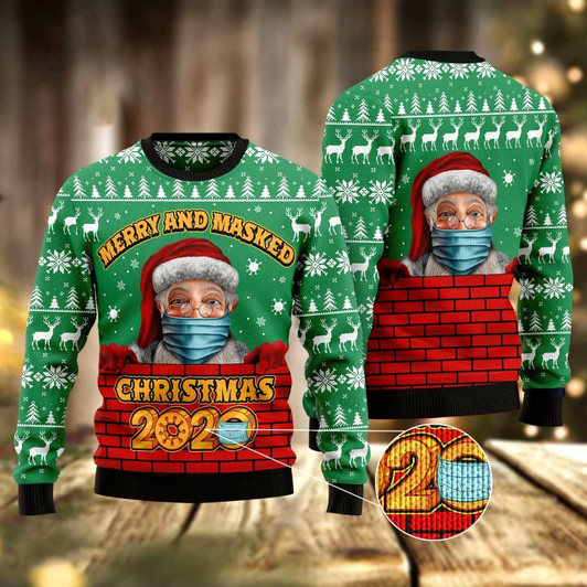 Goofygearprints Merry And Masked Ugly Christmas Sweater, Funny Xmas Sweater, Sweater Xmas