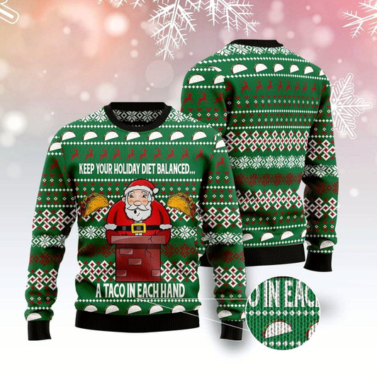 Goofygearprints Keep Your Holiday Diet Balanced With Tacos Ugly Christmas Sweater, Funny Xmas Sweater, Sweater Xmas
