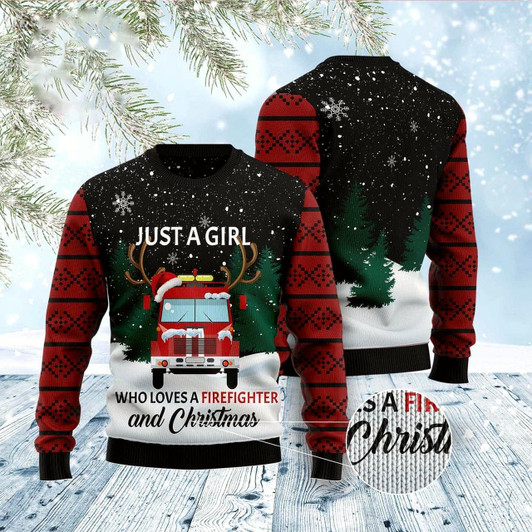 Goofygearprints Just A Girl Who Loves Firefighter And Christmas Ugly Christmas Sweater, Funny Xmas Sweater, Sweater Xmas