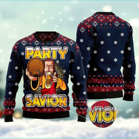 Goofygearprints Jesus Party Savior Ugly Christmas Sweater, Funny Xmas Sweater, Sweater Xmas